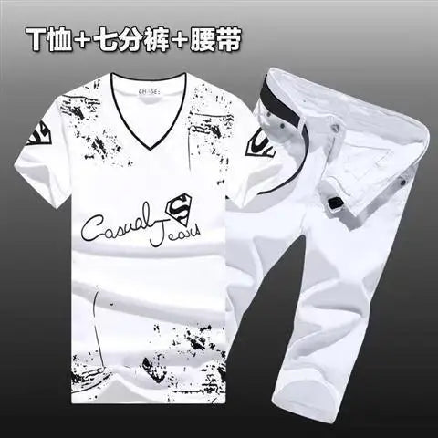 HEARUJOY  -  Summer Men Set Cotton T-Shirts Denim shorts New Tide Cowboy Shorts two Piece suits  Handsome Men's Sets