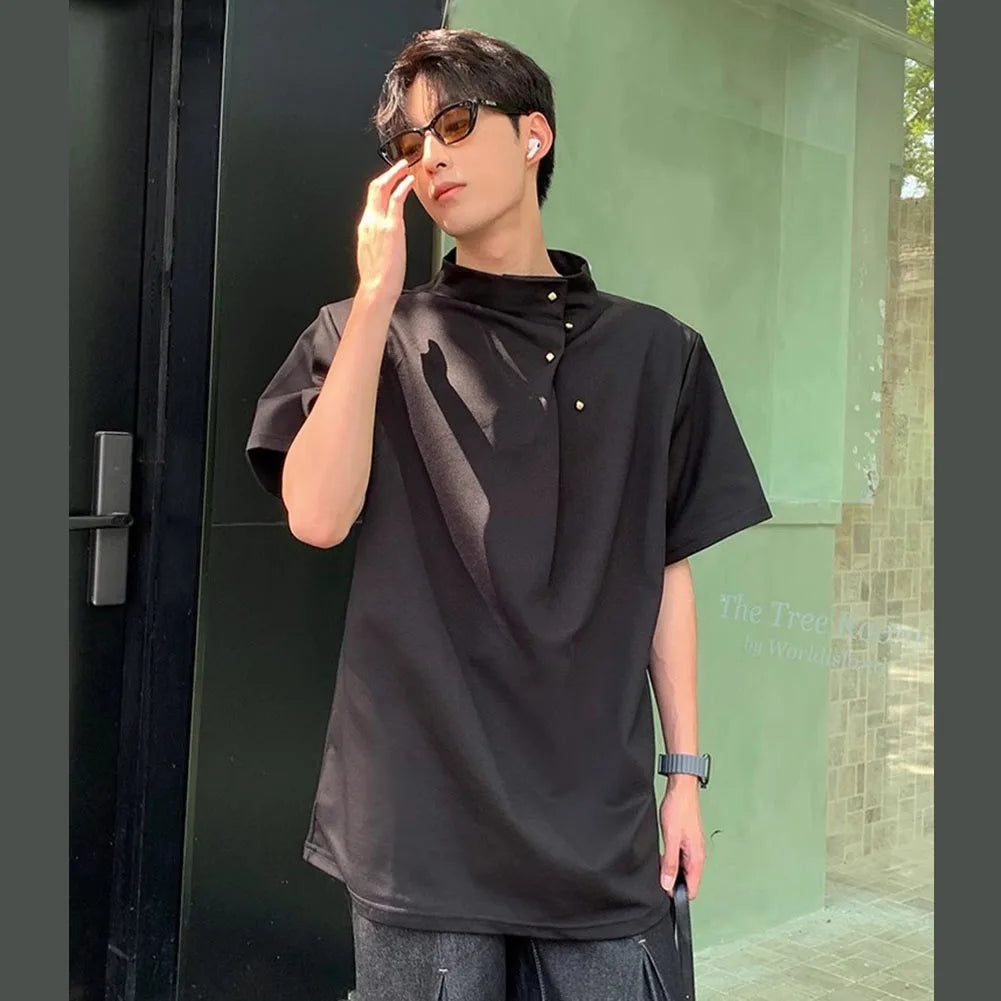 HEARUJOY  -  Men Korean Stand Collar Retro Casual Tee Tops Short Sleeve Street Wear Men's Loose T-Shirt Breathable