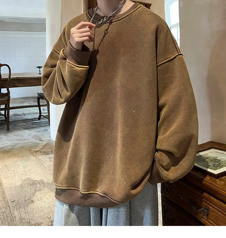 HEARUJOY  -  American Washed Old Pullovers Sweatshirts Men Loose Solid Color 2025 Autumn Large Size Warm O Neck Tops Hip Hop Y2k Sweatshirt