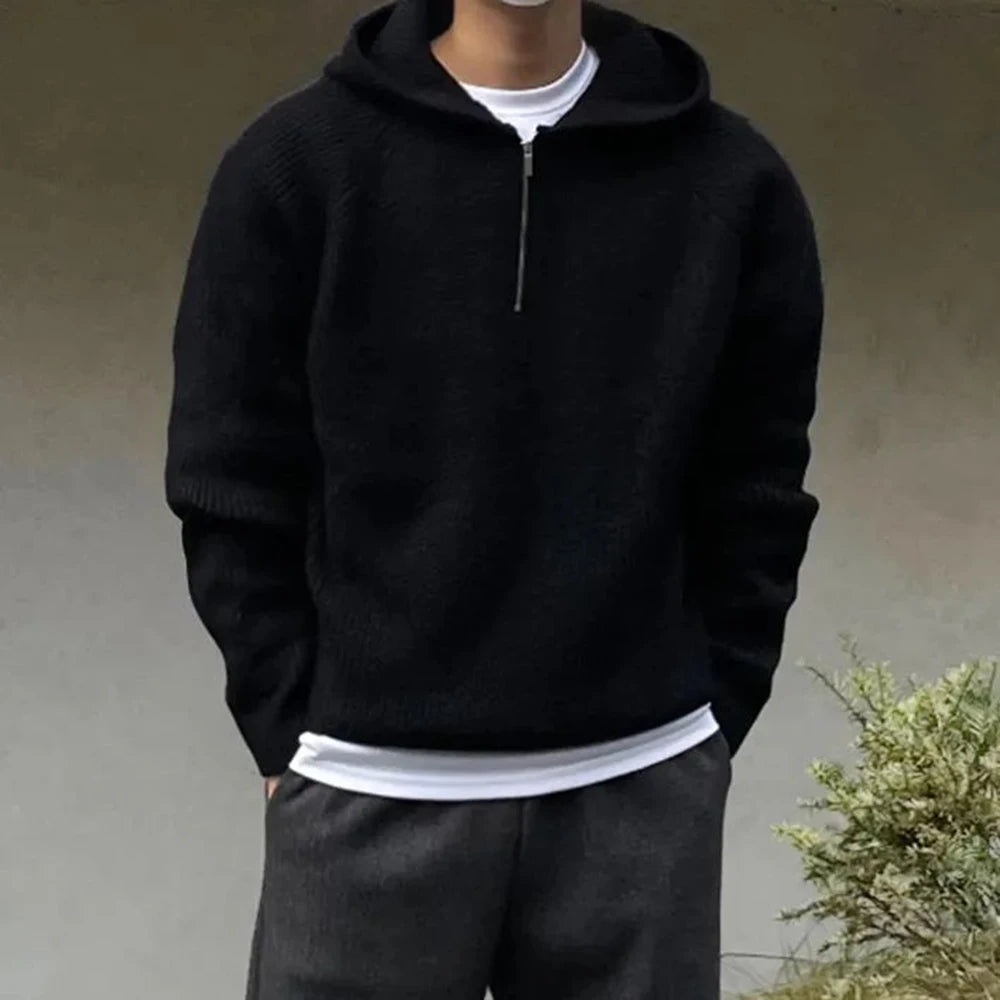 Hearujoy Mens Casual Knitted Hoodie 2024 New Autumn Winter Genderless Loose Soft Comfortable Solid Color Knitted Hooded Sweatshirt Unisex