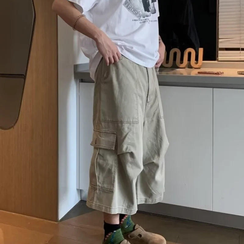 HEARUJOY  -  Cargo Cropped Pants Mens Summer New Multiple Pockets Casual Wide Leg Tooling Shorts Street Retro Paratrooper Overalls Thin