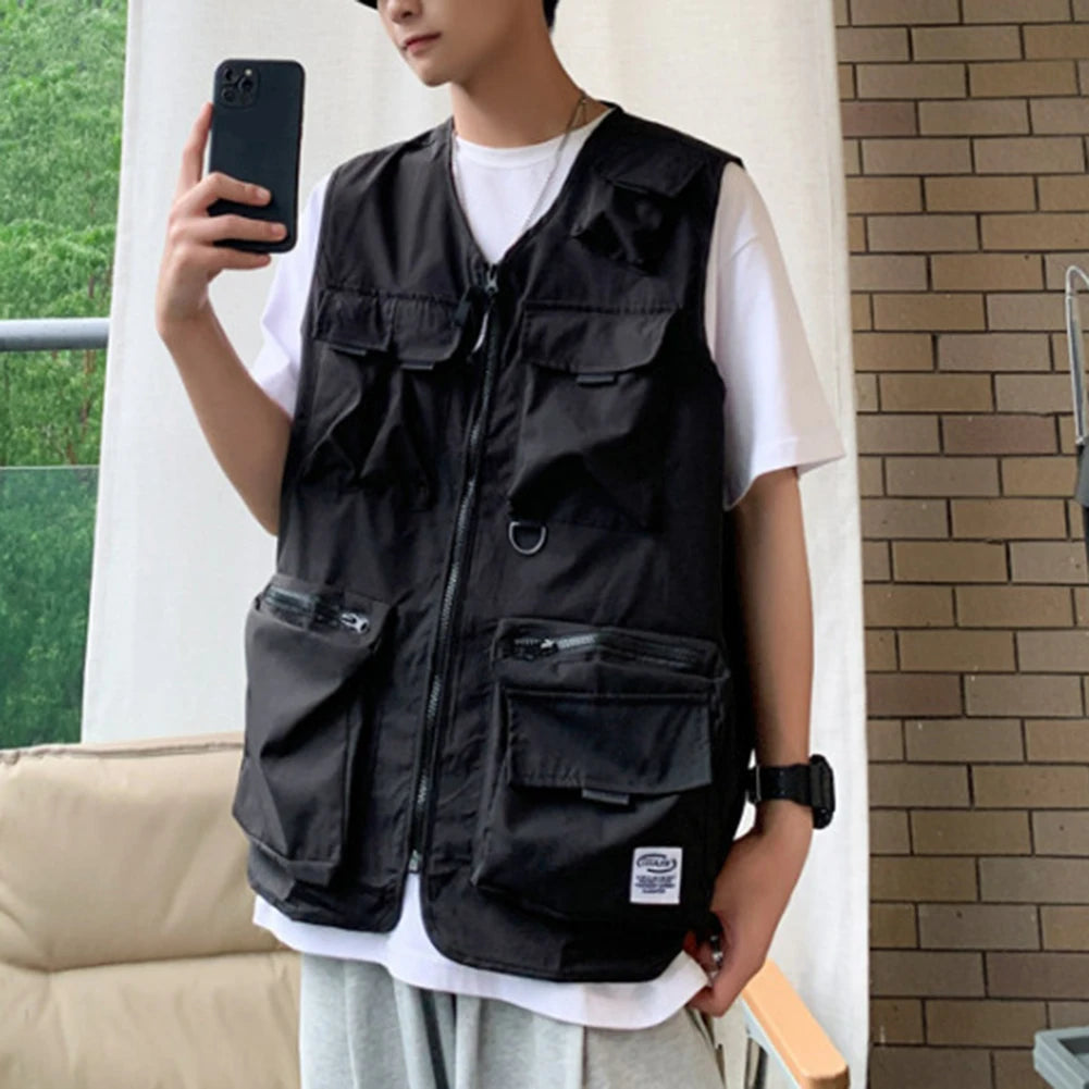 HEARUJOY  -  Beach Holiday Green Men Cargo Vest Multi-pocket Sleeveless Vest Loose Fit Waistcoat Good For Vacation Polyester Fabric