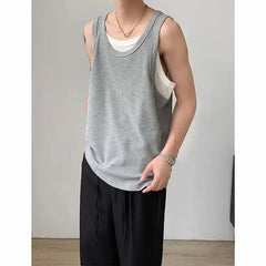 Hearujoy Summer Thin Fake Two Casual Loose Men's Sports Outer Sleeveless Vest American Old Man Fitness Shirt Tops