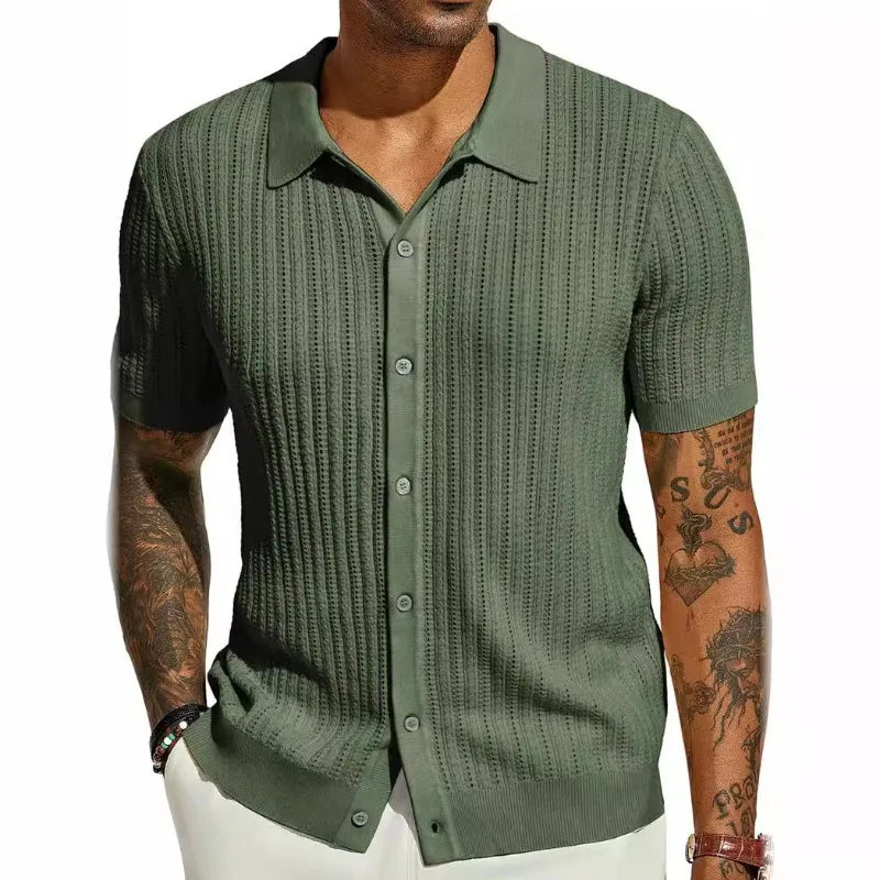 HEARUJOY  -  Men's Casual Top Summer Cool Knit Shirt Short Sleeve Lapel Solid Color Hollow Breathable Top
