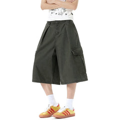 HEARUJOY  -  Vintage Men's Shorts Fashion Trend Fold Washed Distressed Adjustable Multi-pocket Male Jorts Over Knee Length 9W3516
