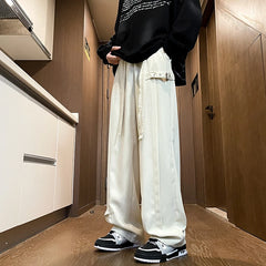 Hearujoy Harajuku Streetwear Men Casual Straight Pants Male Fashion Plicated Long Trousers Ribbons Welt Man Pants Coffee/Black/Rice White