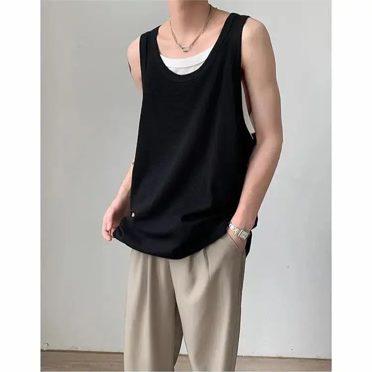 Hearujoy Summer Thin Fake Two Casual Loose Men's Sports Outer Sleeveless Vest American Old Man Fitness Shirt Tops