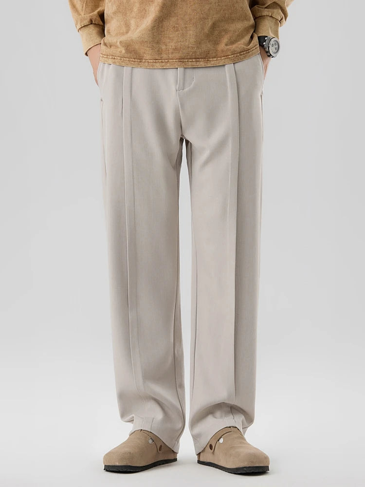 HEARUJOY  -  New Korean Men's Casual Pants Banded Waist Stretch Semi-Wide Pleated Suit Slacks Straight Loose Draped Trousers