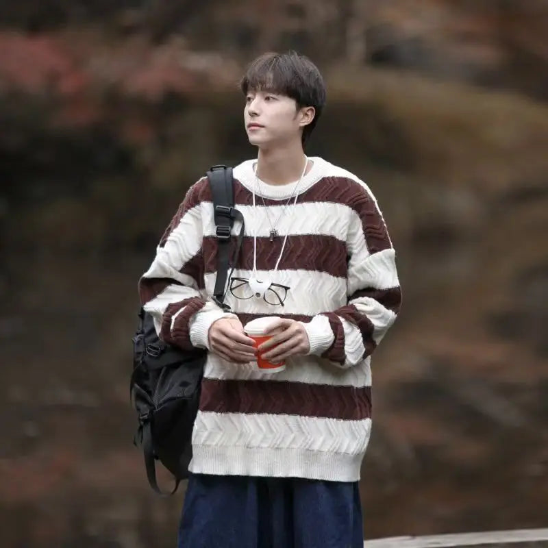 HEARUJOY  -  Men Trendy Striped Simple Casual Streetwear All Match Knitted Sweater Korean Youth Round Neck Long Sleeve Oversize Pullover Tops
