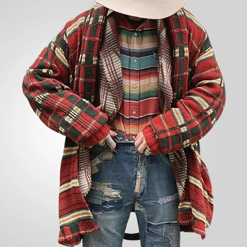 HEARUJOY  -  Men New Mid Length Coat Cardigan Sweaters Turn Down Collar Print Plaid Coats Loose Casual Splice Open Stitch Autumn Winter 2025