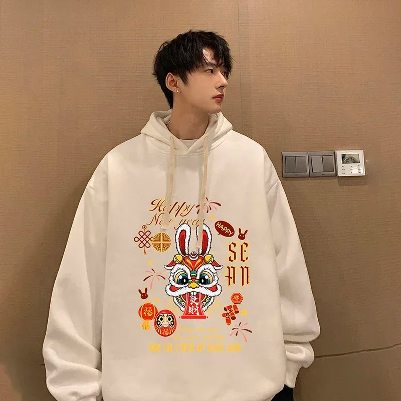 HEARUJOY  -  Men's Oversized Hoodie Off White Rabbit Print Hoodies with Hat Over Size for Men 5XL Man Hoody Casual Wear Male Sweatshirt