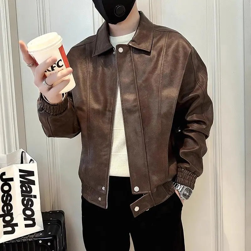 Hearujoy Leather Jacket for Men Trendy and Stylish with a Sense of Luxury Men's Leather Jacket New Style Lapel American Top