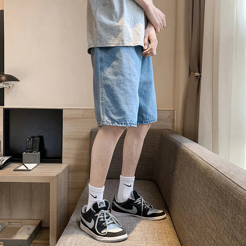 Hearujoy Summer New Men's Loose Casual Denim Shorts Elastic Waist Drawstring Black Shorts Brand Men's Clothing