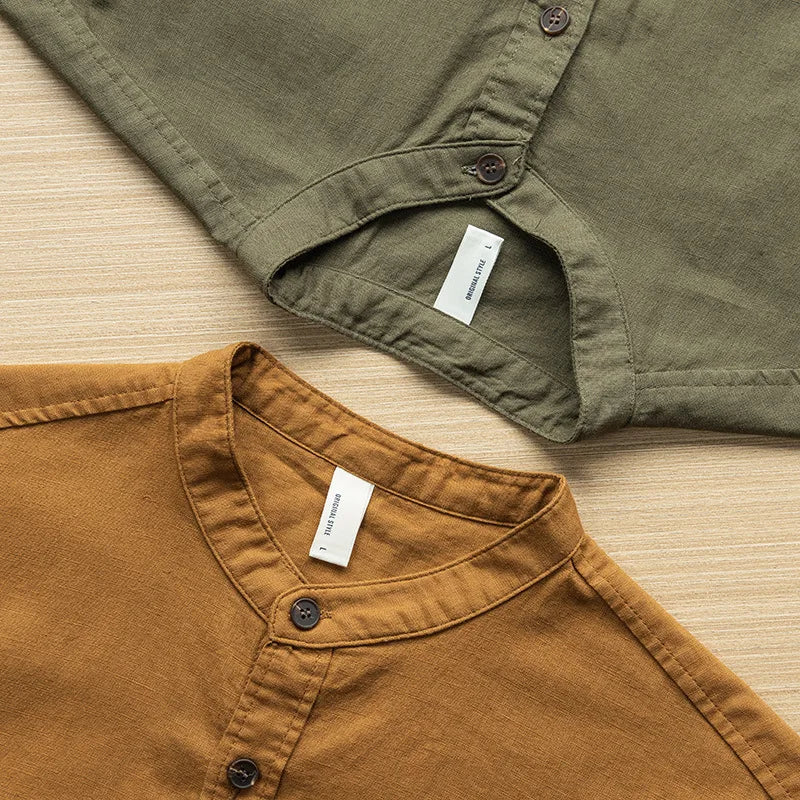 HEARUJOY  -  Japan Style Mens Linen Cotton Short Sleeve Shirt Harajuku Summer Stand Collar Solid Color Male Casual Breathable Classical Tops