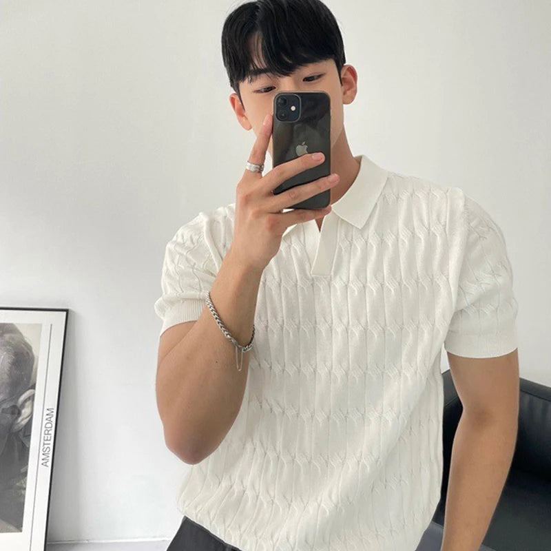 HEARUJOY  -  Summer Clothing Men's Light Luxury Knitted Jacquard Polo Shirt V-Neck Solid Color Short-sleeved Korean Popular Leisure Knitwear