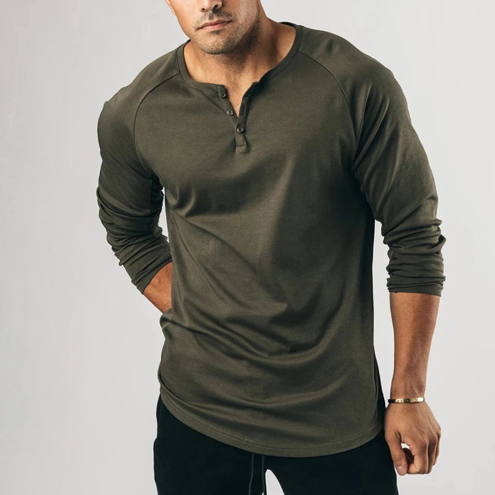HEARUJOY  -  Fashion New T-Shirt Mens Elastic Henley Grandad Long Sleeve Pullovers Slim Fit Solid Color Undershirt V Neck Tops