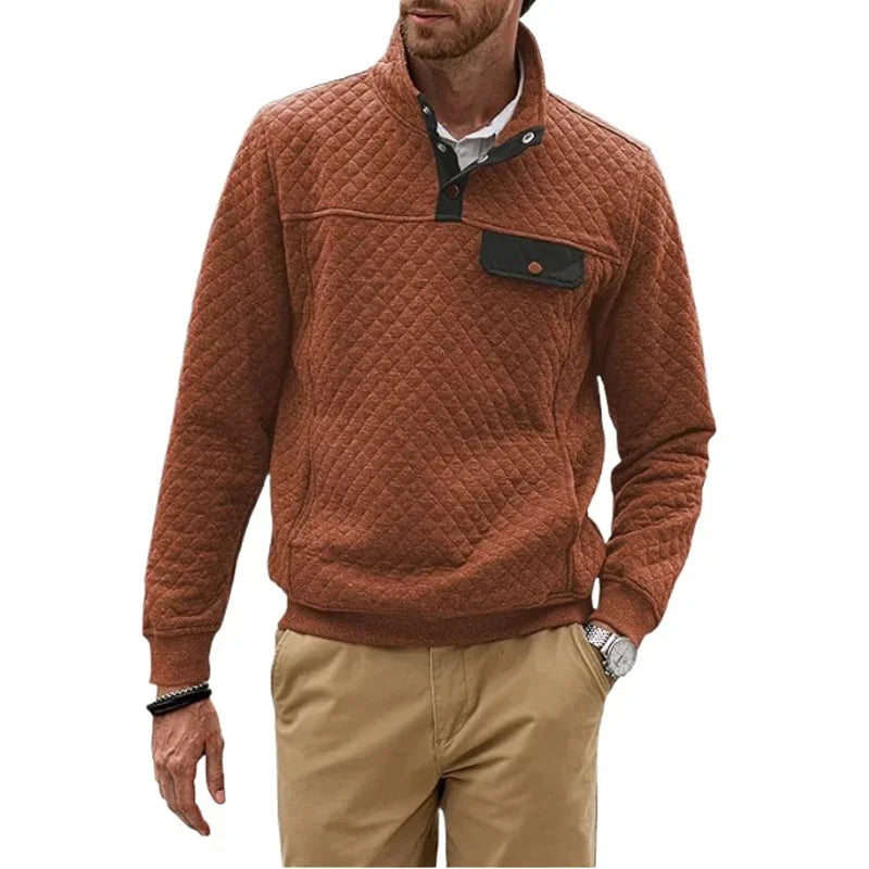 HEARUJOY  -  Men's Spring and Fall Quilted Sweatshirt Casual Long Sleeve Outdoor Stand Collar Button Pullover Sweatshirt