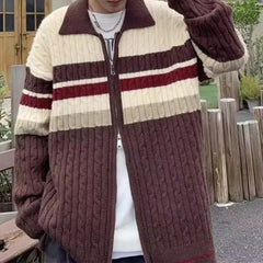 Hearujoy Men's Jacquard Patchwork Knit Zipper Cardigan Sweater Korean Popular Retro Long Sleeve Streetwear Stylish Leisure Knitwear S-2XL