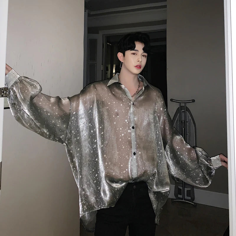 Hearujoy mesh see-through sexy oversize men shirt black, grey printed large size blouse man vintage long sleeve transparent thin shirts