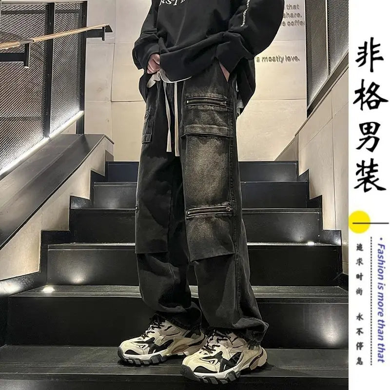 Hearujoy Oversize Zipper Workwear Jeans Straight Tube Loose American Plus Size Men's Pants High Street Vibe Trendy Brand Hip-hop