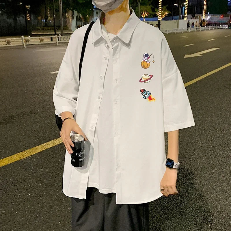 HEARUJOY  -  Men's Oversized Shirts White Mens Fashion Blouse Funny 5xl Oversize Half Sleeves Dress Shirt for Men Print New Clothing Casual