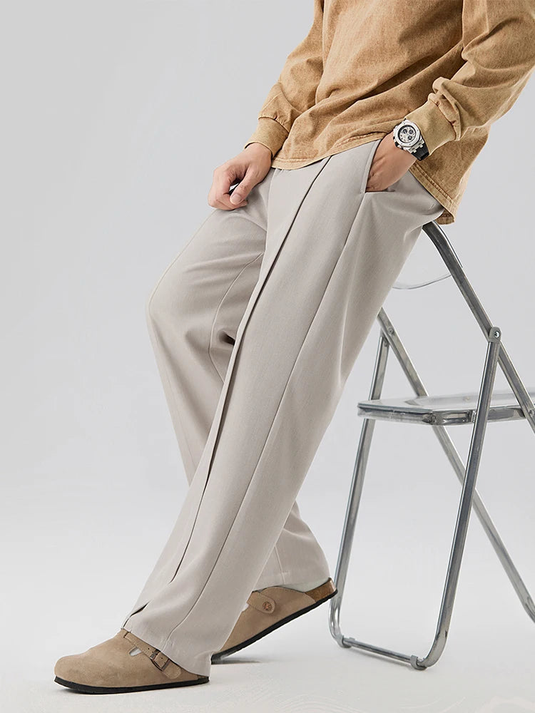 HEARUJOY  -  New Korean Men's Casual Pants Banded Waist Stretch Semi-Wide Pleated Suit Slacks Straight Loose Draped Trousers