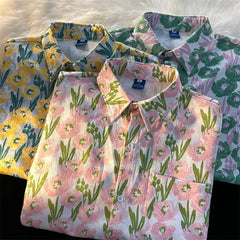 Hearujoy Vintage Fashion Flower Print Button Up Shirt Women Shirts Blouses Summer Casual Short Sleeve Streetwear Woman Shirts Harajuku