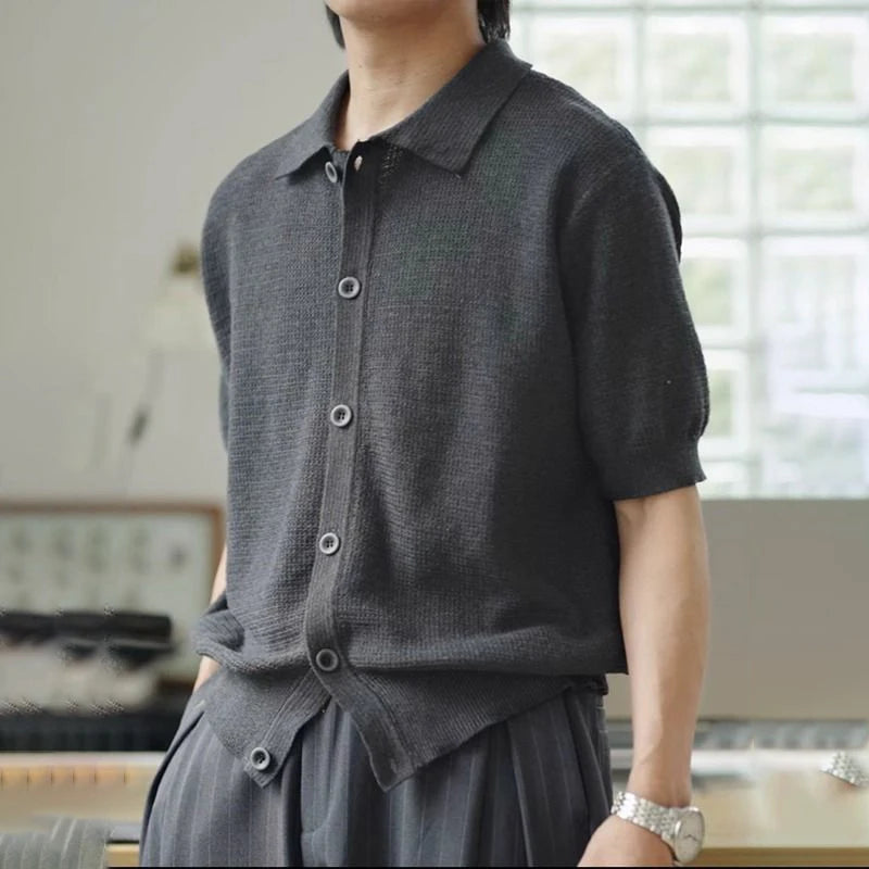 HEARUJOY  -  Men's Solid Color Knitted Short-Sleeved Shirt American Retro Fashion Trend Loose Casual Simple Breathable Niche New Men's Tops