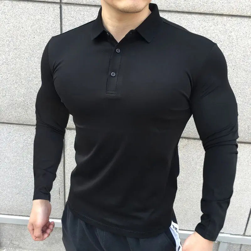 HEARUJOY  -  Korean Autumn Casual Fitness Polo Shirt Men Solid Button Slim Elastic Versatile Sports Breathable Quick Drying Long Sleeved Tops