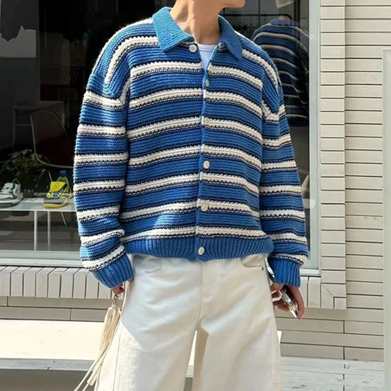 HEARUJOY  -  Vintage Striped Crochet Mens Sweater Jackets Casual Button-up Turn-down Collar Knit Cardigans Men Spring Autumn Fashion Sweaters
