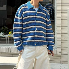 HEARUJOY  -  Vintage Striped Crochet Mens Sweater Jackets Casual Button-up Turn-down Collar Knit Cardigans Men Spring Autumn Fashion Sweaters