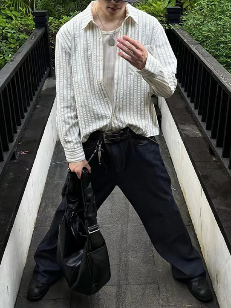 HEARUJOY  -  Spring Fall Casual Mens Striped Printed Shirt Long Sleeve Button-up Turn-down Collar Vintage Shirts Men Daily Leisure Cardigans