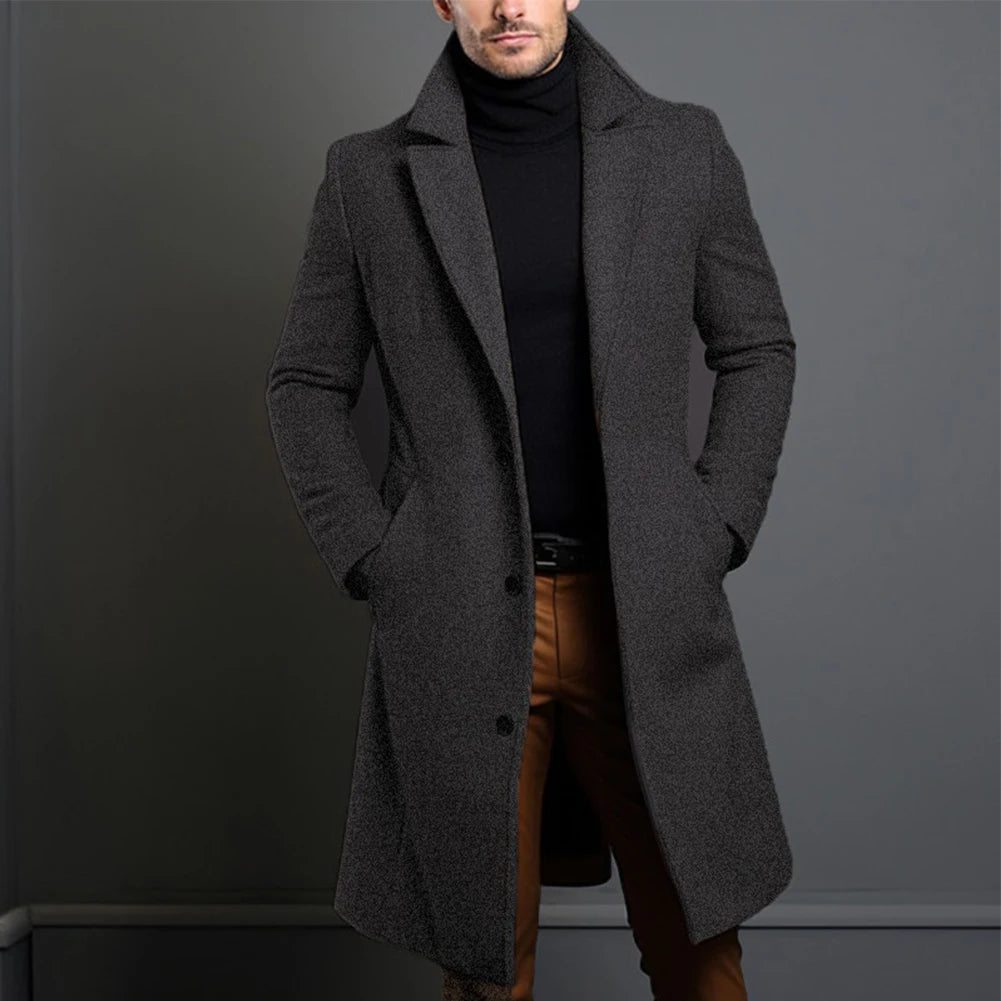 HEARUJOY  -  Long Black Trench Slim Jacket Mens Single Breasted Solid Vintage Full Sleeve Overcoats Tops Keep Warm