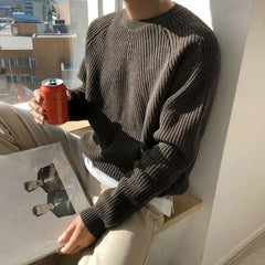 Hearujoy Mens Autumn Winter Korean Style Loose Round Neck Knitted Sweater Gender-Neutral Trendy Casual Solid Color Simple Sweater Unisex