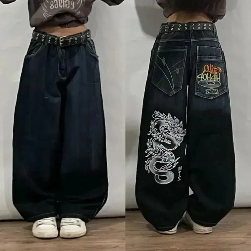 Hearujoy American New Embroidered Jeans Y2K Retro Hip Hop Pattern Jeans Men's Women's High Street Gothic Loose High Waist Wide Leg Pants