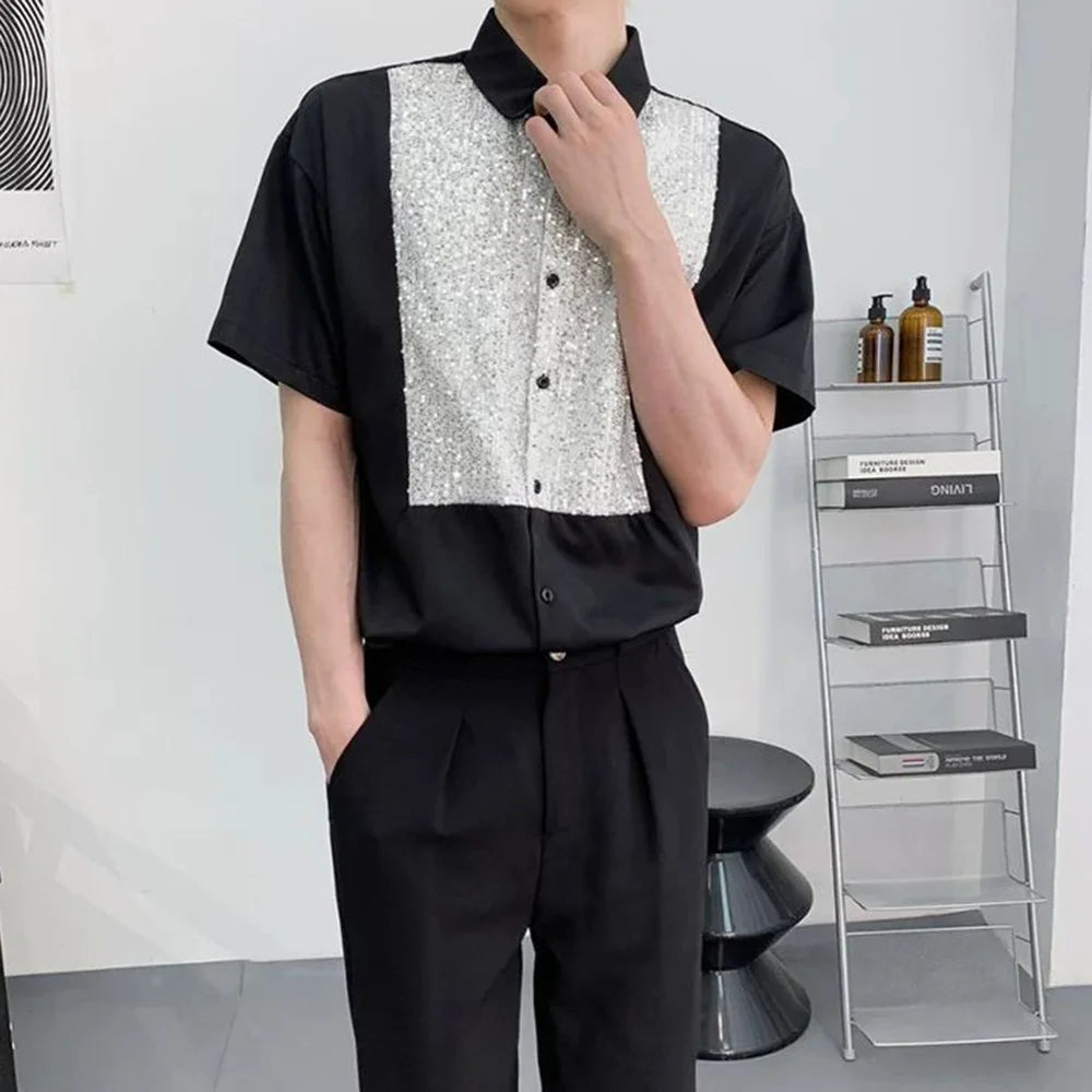 HEARUJOY  -  Mens Shirt Sequins Nightclub Ballroom Shirt Spring Streetwear Y2k Fashion Trend Niche Short-Sleeve Tops Men'S Clothing