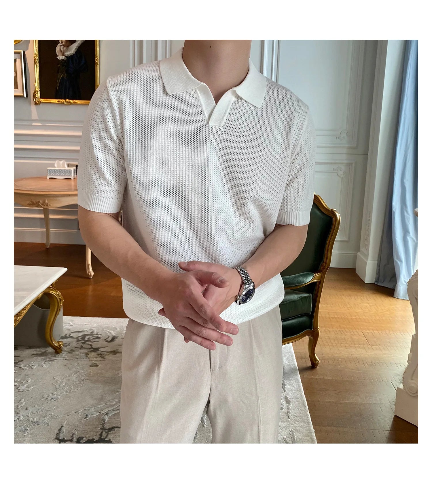 HEARUJOY  -  New Fashion Business Tops Men's Polo Shirt Light Luxury Leisure Knitted V Neck T-shirts for Man Korean Popular Short Sleeve Tees