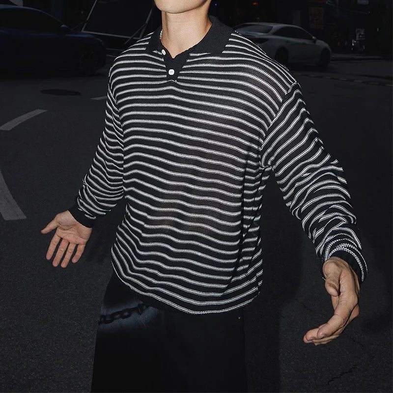 HEARUJOY  -  Stylish Striped Textured Polo Shirts Mens Vintage Hollow Out Knitted Tops Men Spring Autumn Casual Breathable Knitting Pullover