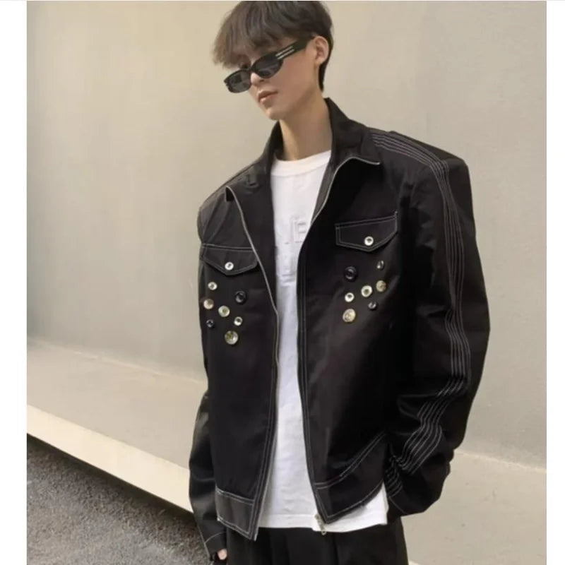 HEARUJOY  -  Spring Retro Irregular Button Mens Jacket Shoulder Pad Design Trend High Street Coats Motorcycle Fashion Stand Collar Outwear