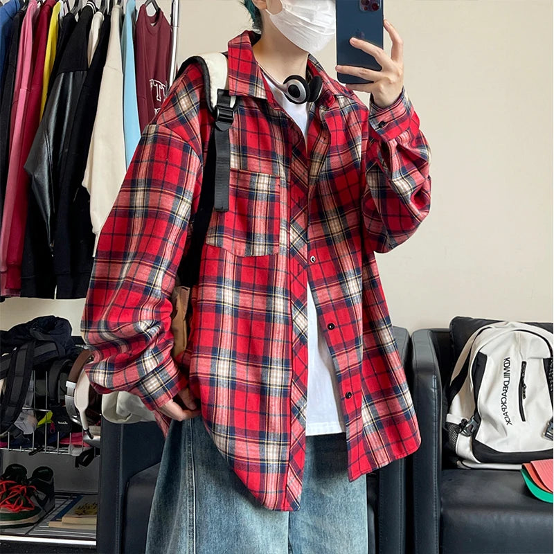 HEARUJOY  -  New in Spring Men's Shirts Classic Harajuku Long Sleeved Plaid Shirt Red Checkered Shirt Chemise Homme Cotton Male Check Shirts
