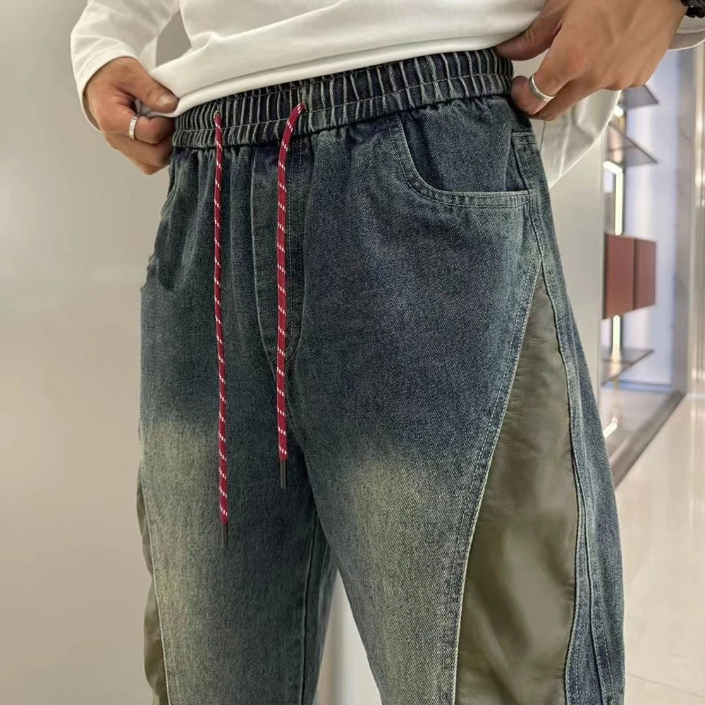 Hearujoy Mens Street Hip-Hop Y2k Jeans Autumn New Fashion Trend Contrast Color Stitching Trousers Loose Slim Elastic Waist Harem Pants