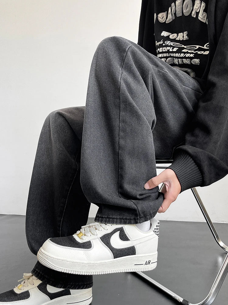 HEARUJOY  -  Spring Summer Men's Jeans Korean Fashion Black Blue Wide Leg Denim Pants Loose Straight Jean Trousers