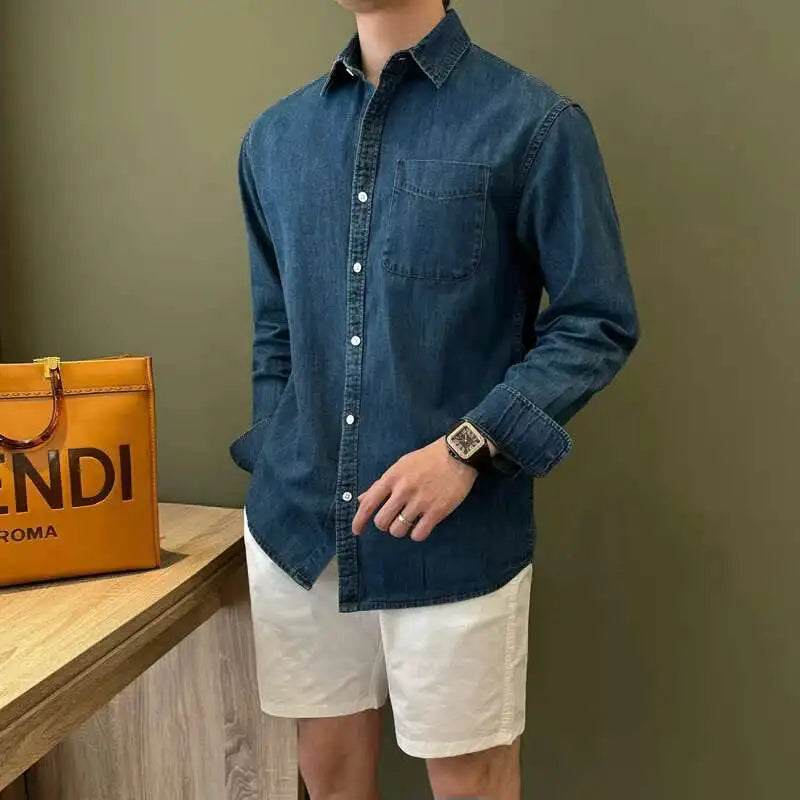 HEARUJOY  -  Lapel Collar Cotton Blend Denim Shirt Long Sleeve Shirt Retro Shirt British Versatile Casual Shirt Man Camisa Social Masculina