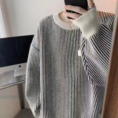 Hearujoy  Striped Knitted Sweater Coat Men Japanese Oversize Casual Autumn Winter Loose O-neck Pullovers for Man Streetwear