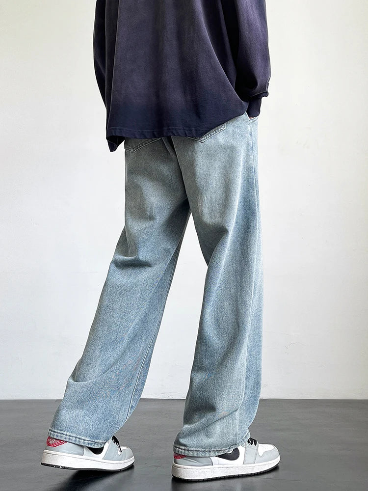 HEARUJOY  -  Spring Summer Men's Jeans Korean Fashion Black Blue Wide Leg Denim Pants Loose Straight Jean Trousers
