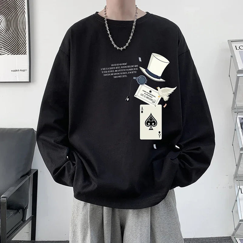 HEARUJOY  -  Men's Cotton Plain T-shirts Full Sleeves White Fashion Mens Oversized T Shirt 5XL Casual Wear Magic Print Tee Shirts for Men