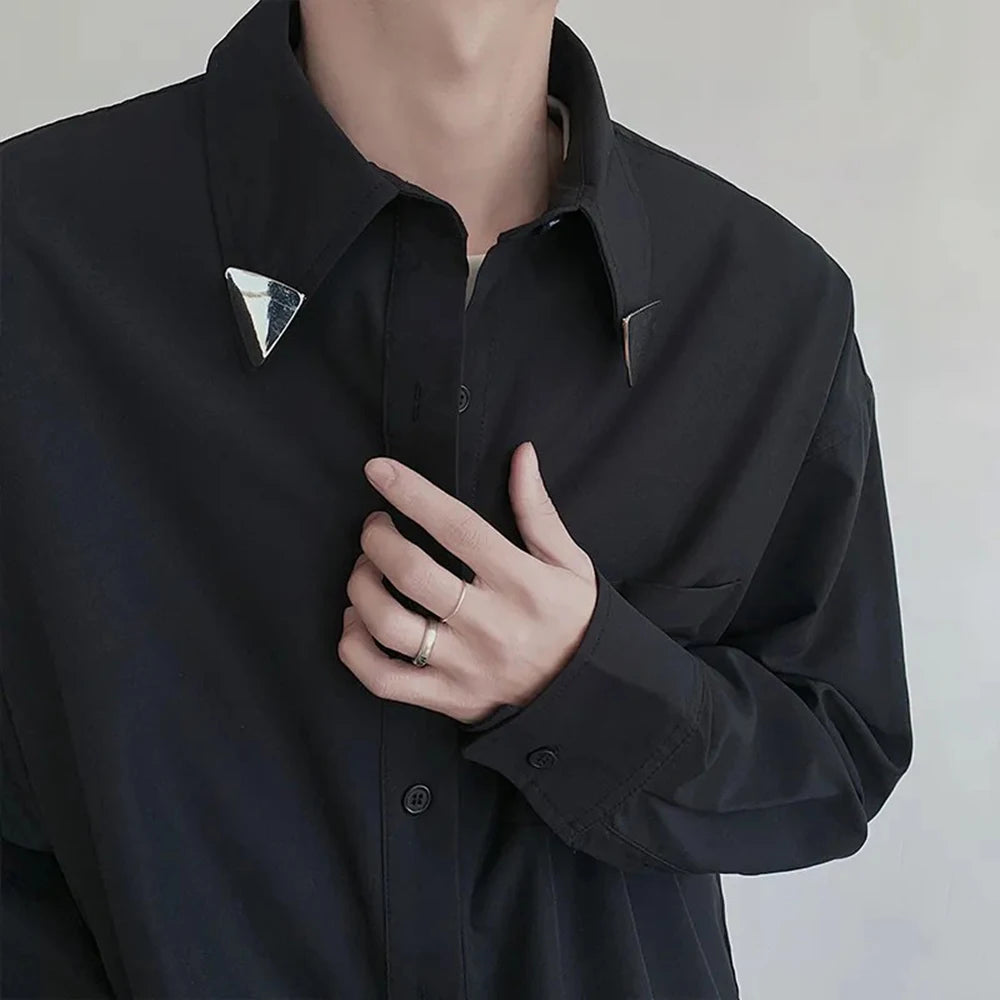 HEARUJOY  -  Mens Shirt Metal Decoration Business Casual Shirt British Elegant Commuting Solid Color Simple Long-Sleeve Top Men'S Clothing
