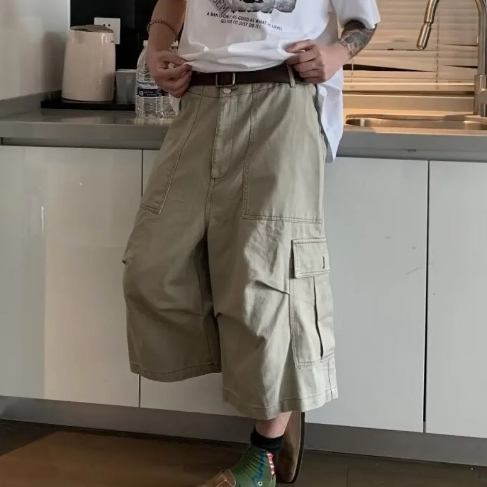 HEARUJOY  -  Cargo Cropped Pants Mens Summer New Multiple Pockets Casual Wide Leg Tooling Shorts Street Retro Paratrooper Overalls Thin
