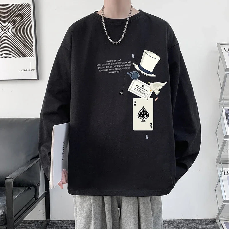 HEARUJOY  -  Men's Cotton Plain T-shirts Full Sleeves White Fashion Mens Oversized T Shirt 5XL Casual Wear Magic Print Tee Shirts for Men