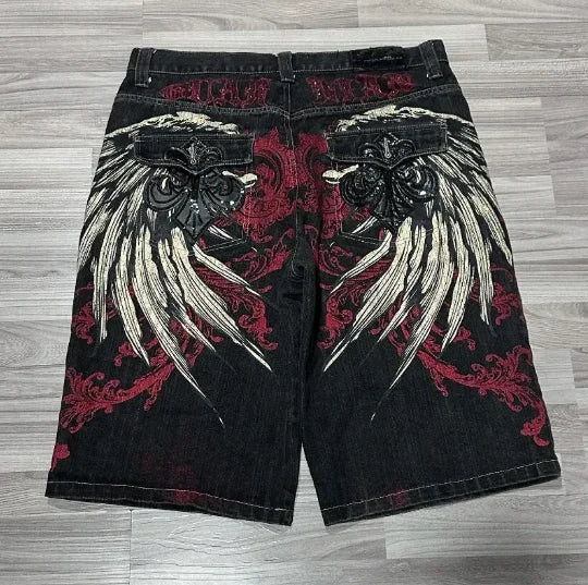 Hearujoy Y2K Skull Beautiful Fashion Embroidered baggy Denim Shorts for men 2024 Summer new Street Fashion Goth vintage Basketball Shorts